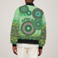 Afro Tribal Traditional Pattern Sleeve Zip Bomber Jacket Green Motif