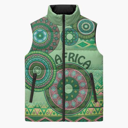 Africa Tribal Traditional Pattern Sleeveless Puffer Jacket Green Motif