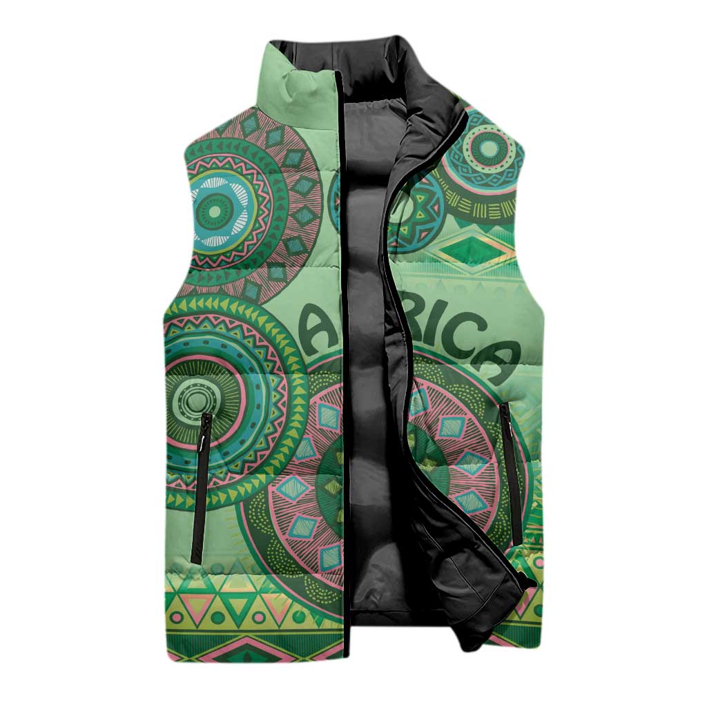 Africa Tribal Traditional Pattern Sleeveless Puffer Jacket Green Motif