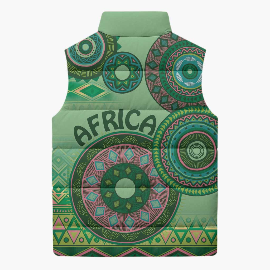 Africa Tribal Traditional Pattern Sleeveless Puffer Jacket Green Motif