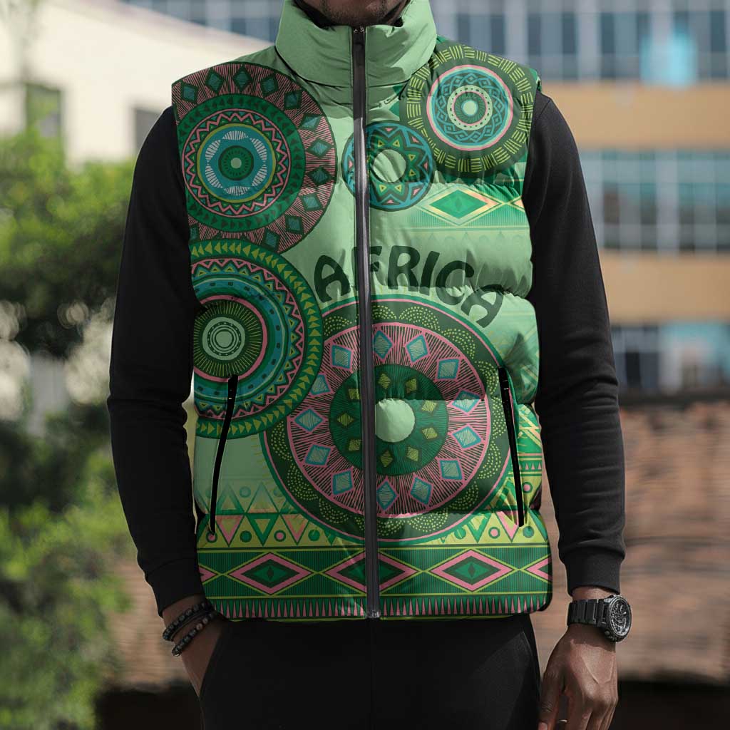 Africa Tribal Traditional Pattern Sleeveless Puffer Jacket Green Motif