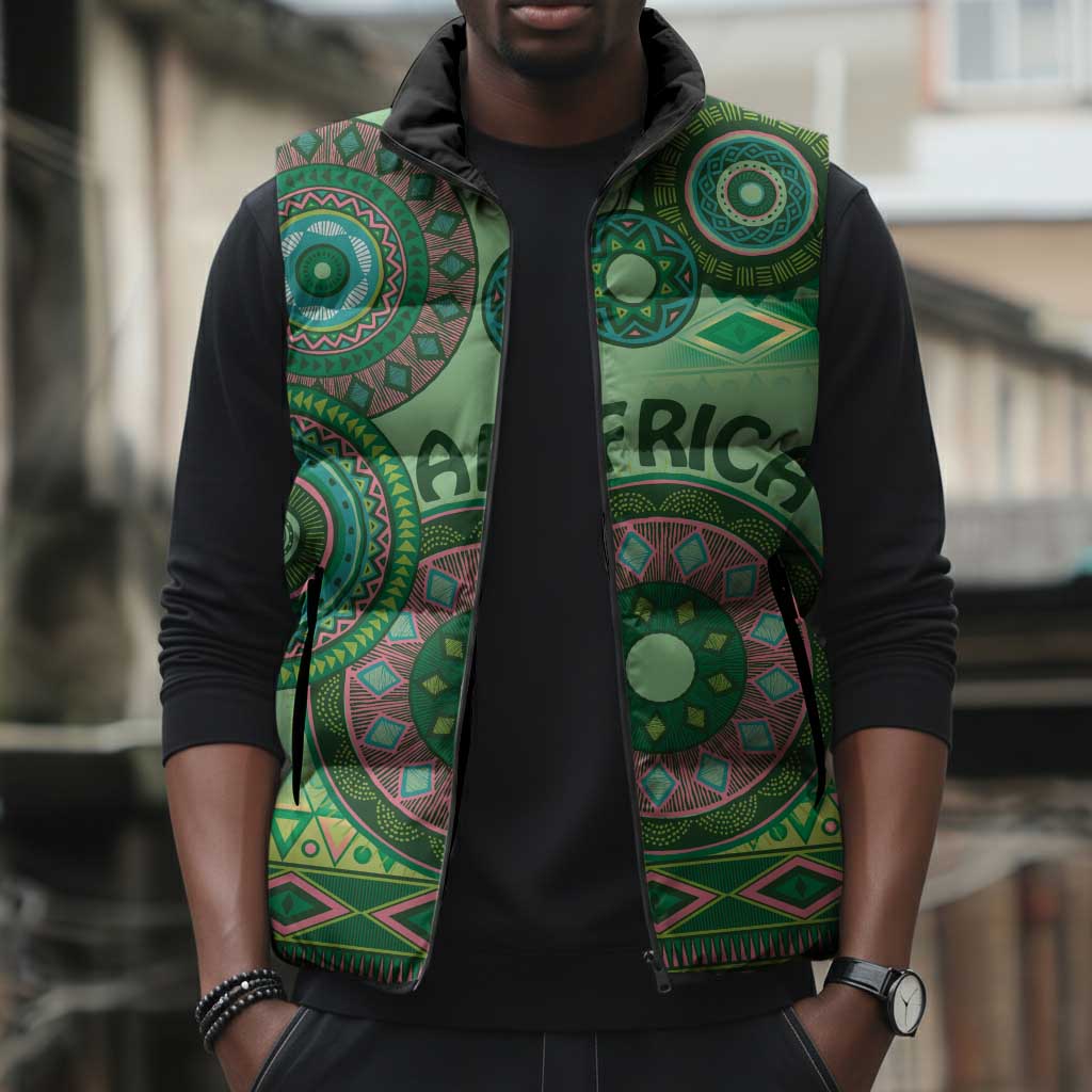 Africa Tribal Traditional Pattern Sleeveless Puffer Jacket Green Motif