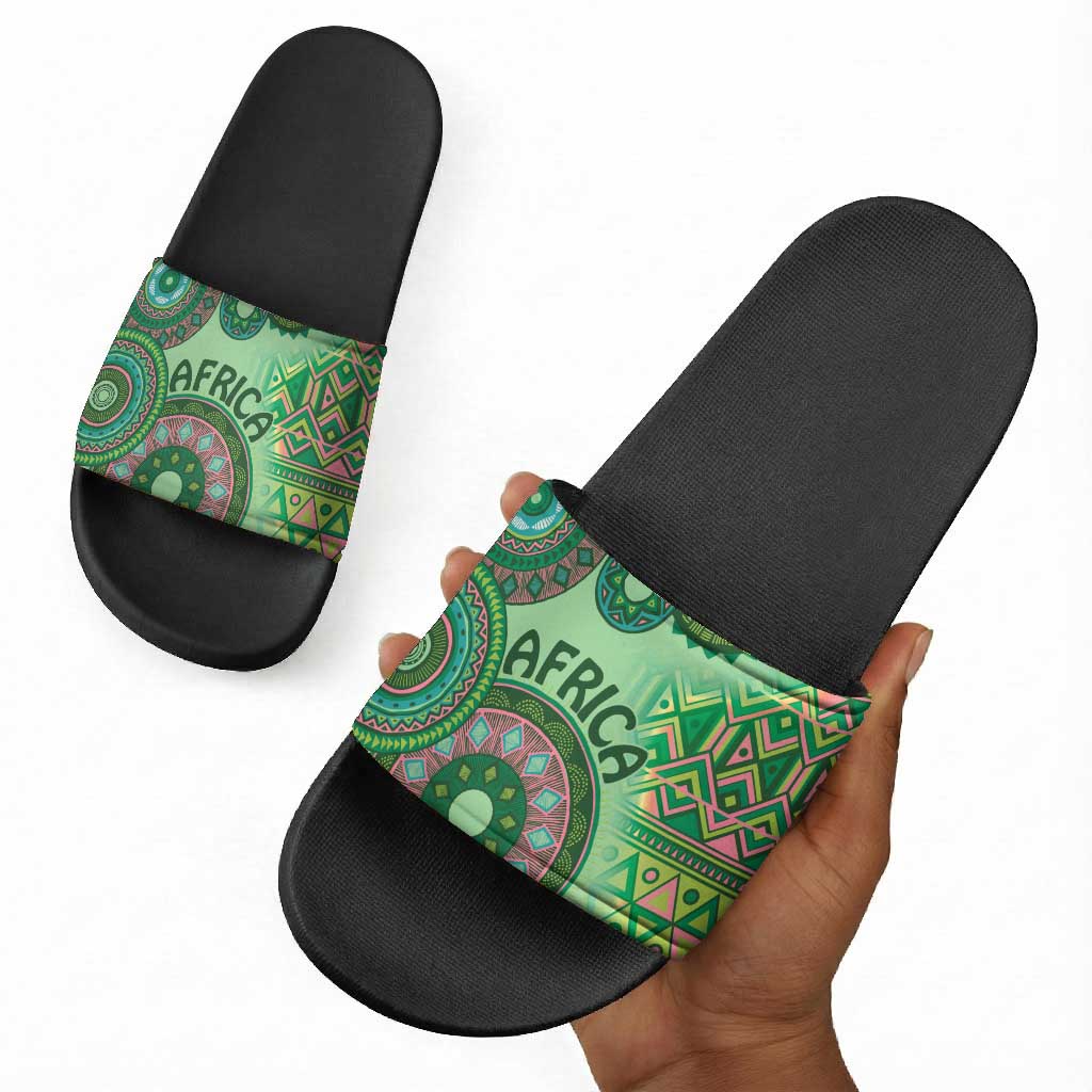 Africa Tribal Traditional Pattern Slide Sandals Green Motif