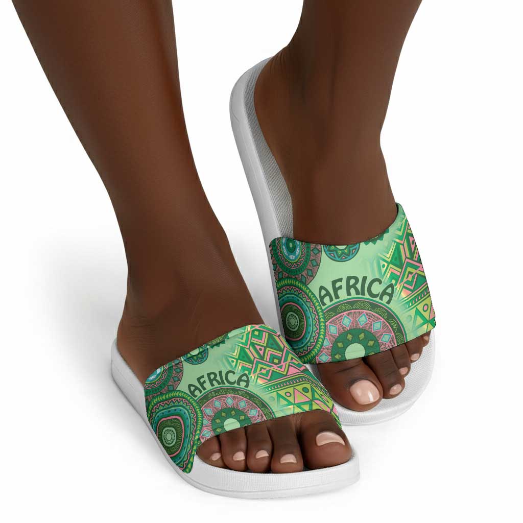 Africa Tribal Traditional Pattern Slide Sandals Green Motif