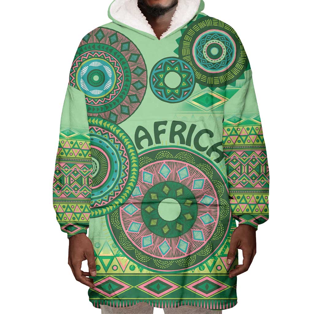 Afro Tribal Traditional Pattern Wearable Blanket Hoodie Green Motif