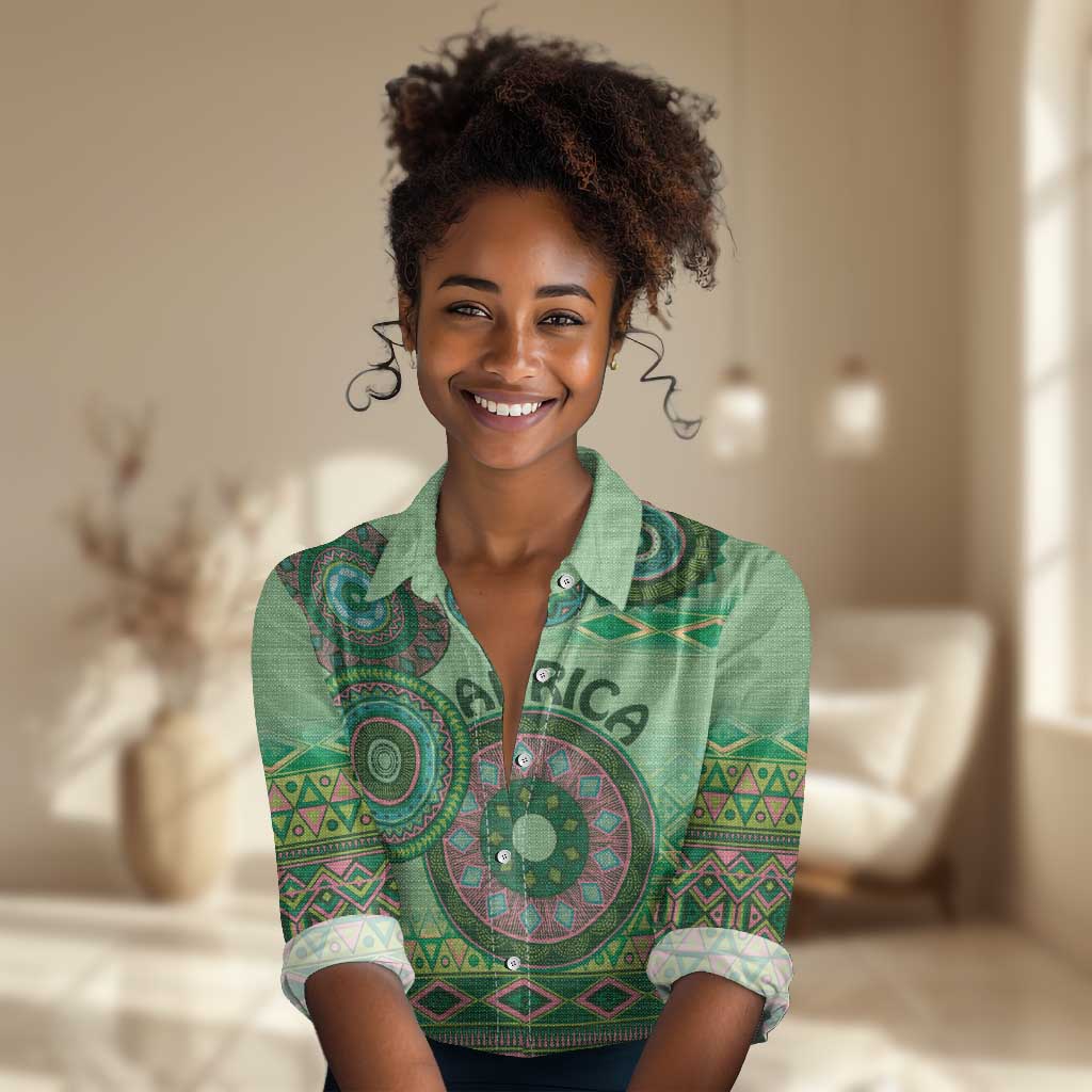 Afro Tribal Traditional Pattern Women Casual Shirt Green Motif