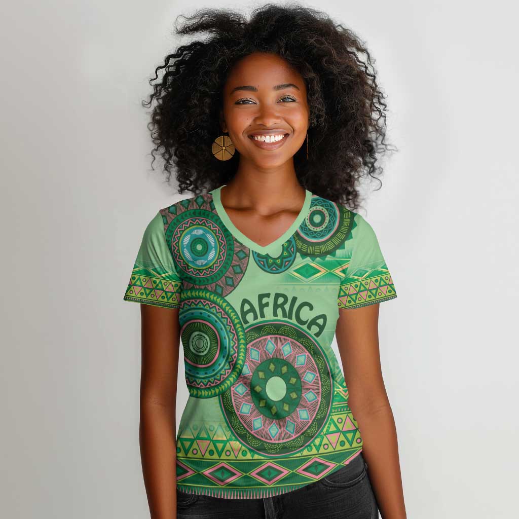 Afro Tribal Traditional Pattern Women V-Neck T-Shirt Green Motif