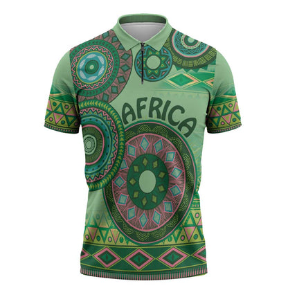 Africa Tribal Traditional Pattern Zipper Polo Shirt Green Motif