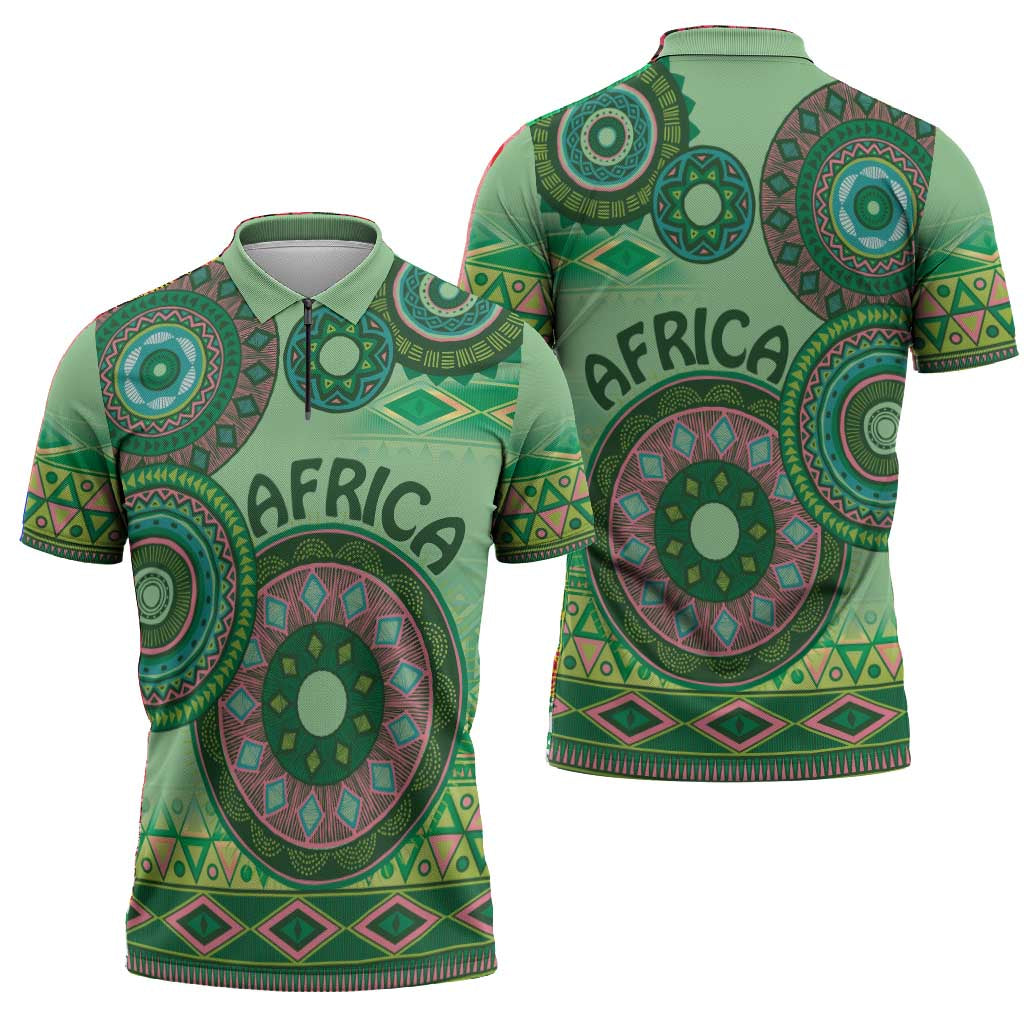 Africa Tribal Traditional Pattern Zipper Polo Shirt Green Motif
