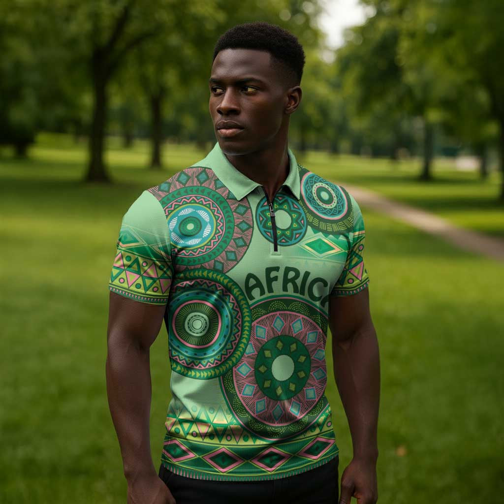 Africa Tribal Traditional Pattern Zipper Polo Shirt Green Motif
