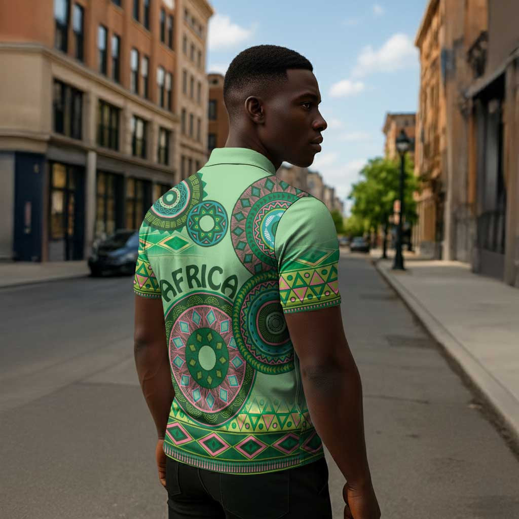 Africa Tribal Traditional Pattern Zipper Polo Shirt Green Motif