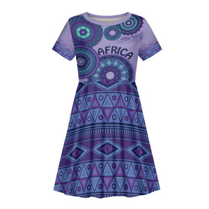 Afro Tribal Traditional Pattern Kid Short Sleeve Dress Purple Motif