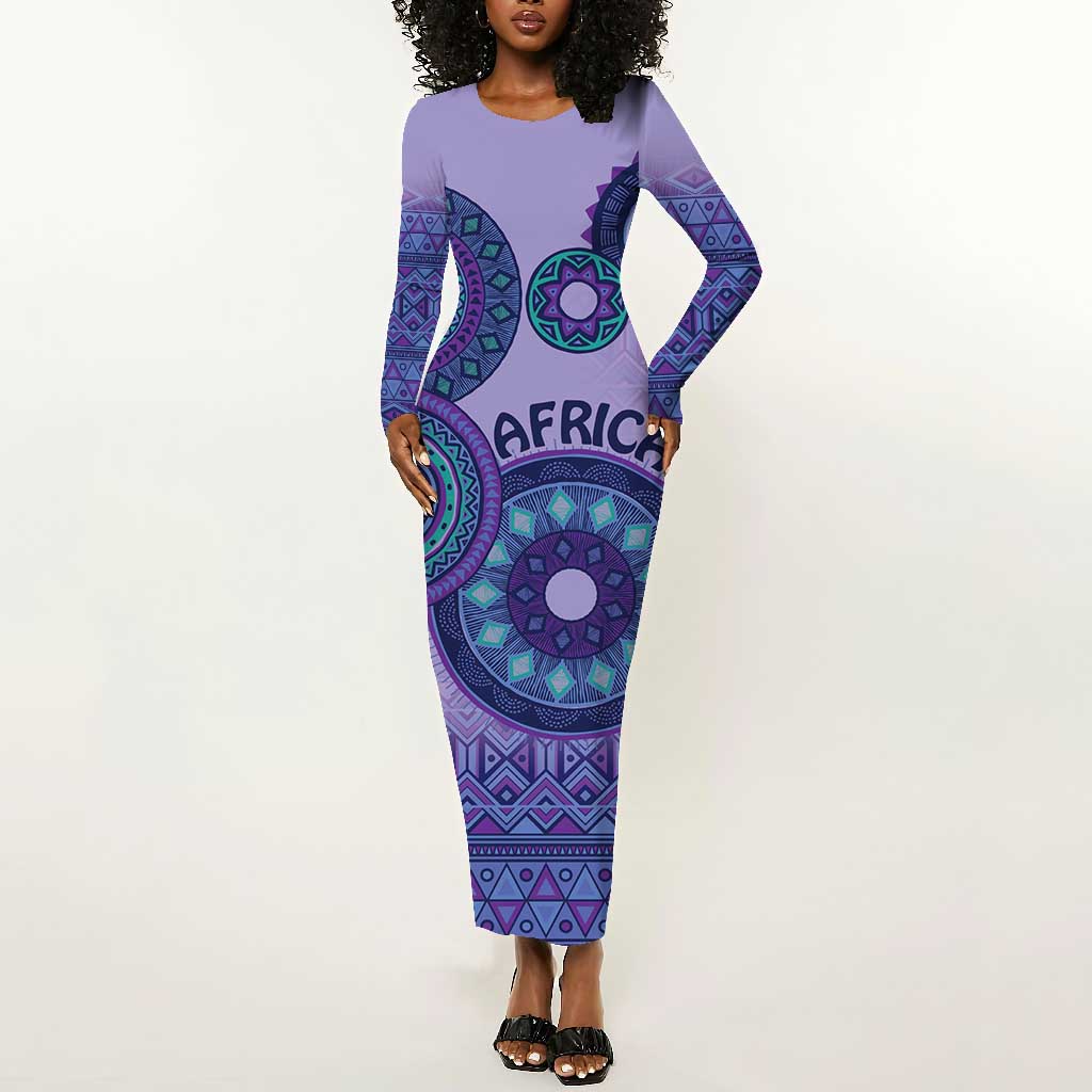 Afro Tribal Traditional Pattern Long Sleeve Bodycon Dress Purple Motif