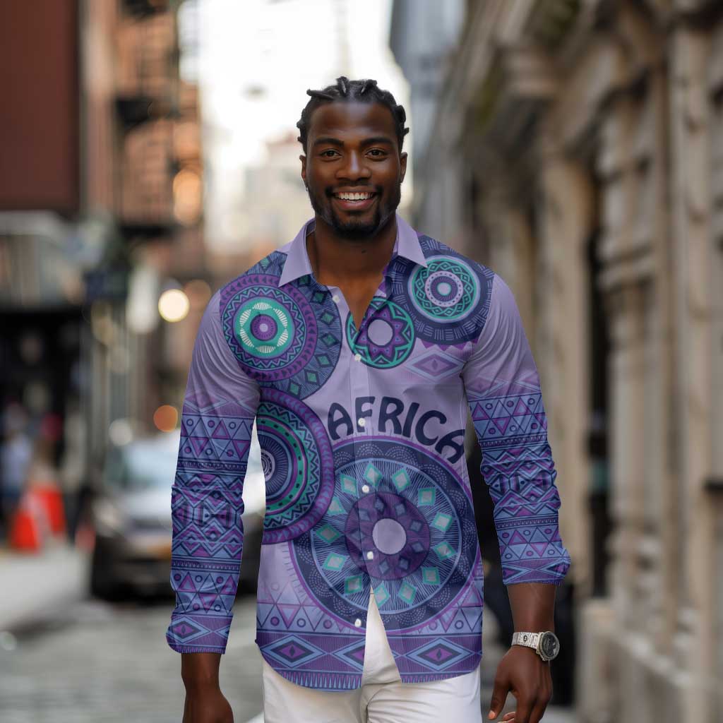 Afro Tribal Traditional Pattern Long Sleeve Button Shirt Purple Motif