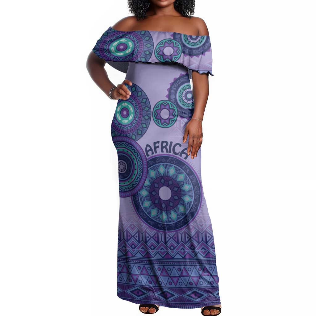 Afro Tribal Traditional Pattern Off Shoulder Maxi Dress Purple Motif