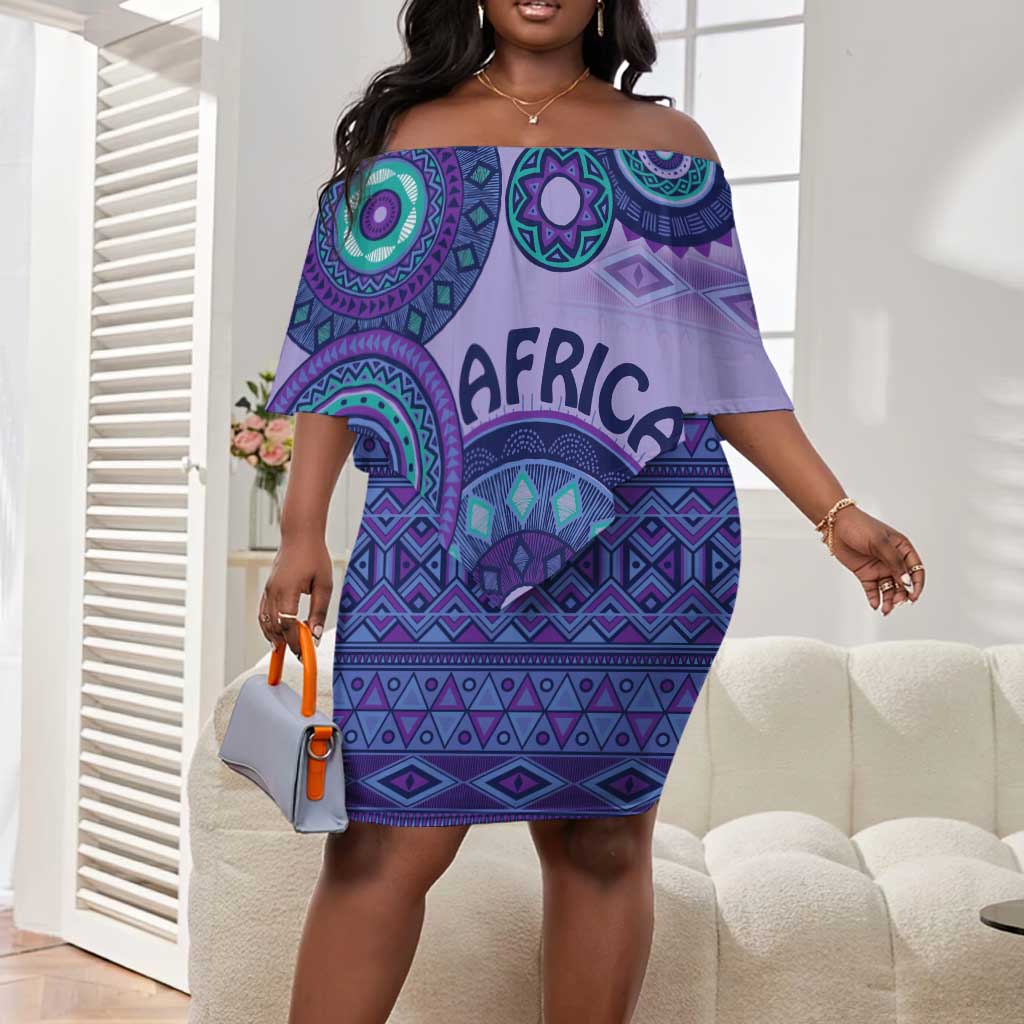 Afro Tribal Traditional Pattern Off Shoulder Short Dress Purple Motif