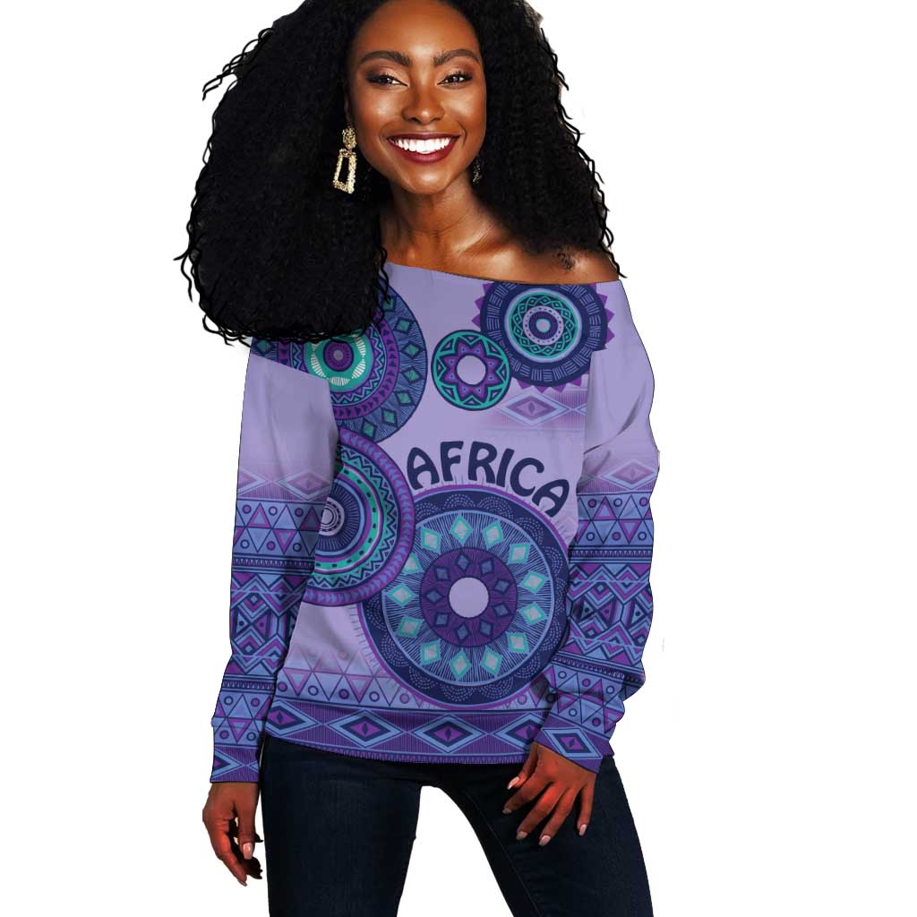 Afro Tribal Traditional Pattern Off Shoulder Sweater Purple Motif