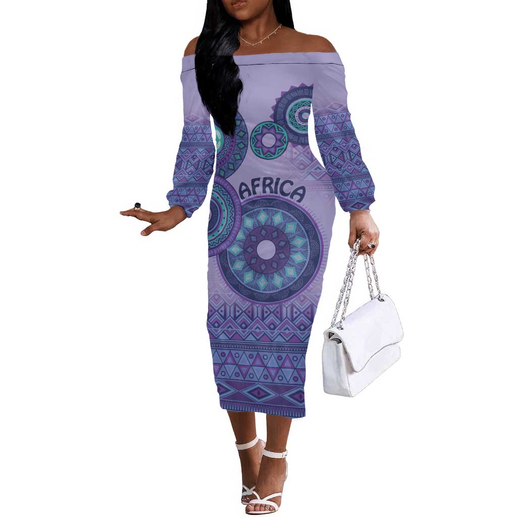 Afro Tribal Traditional Pattern Off The Shoulder Long Sleeve Dress Purple Motif