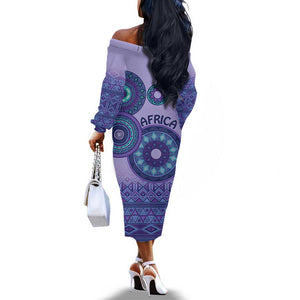 Afro Tribal Traditional Pattern Off The Shoulder Long Sleeve Dress Purple Motif