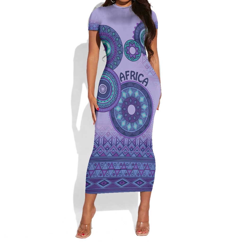 Afro Tribal Traditional Pattern Short Sleeve Bodycon Dress Purple Motif