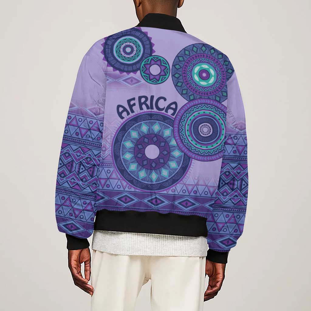 Afro Tribal Traditional Pattern Sleeve Zip Bomber Jacket Purple Motif