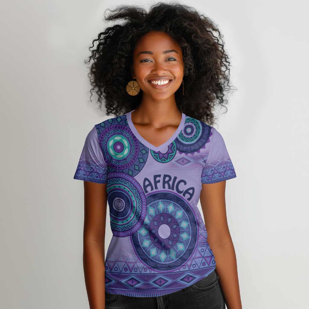 Afro Tribal Traditional Pattern Women V-Neck T-Shirt Purple Motif