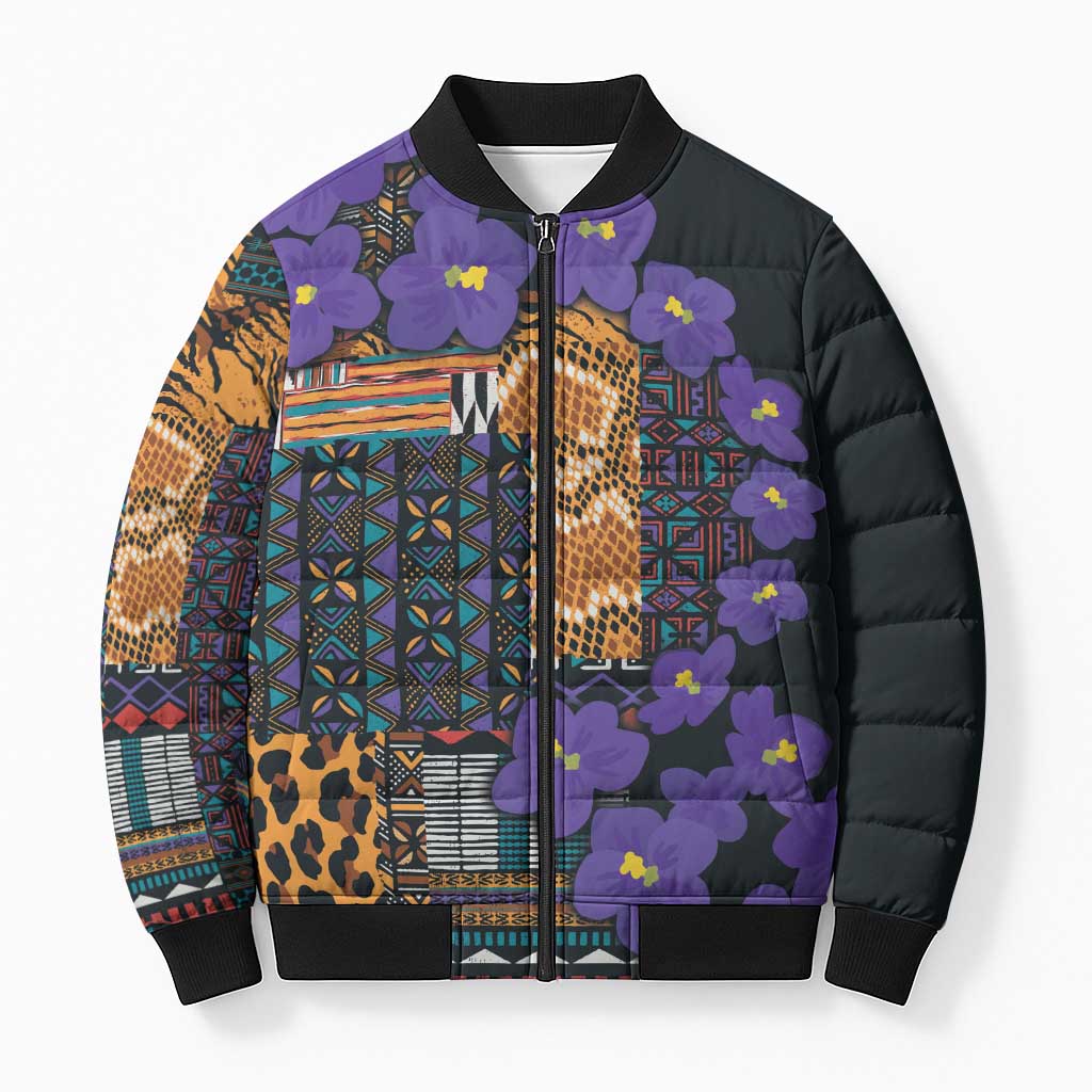 Africa Violets Flowers Bomber Puffer Jacket Mix Native Tribal Pattern