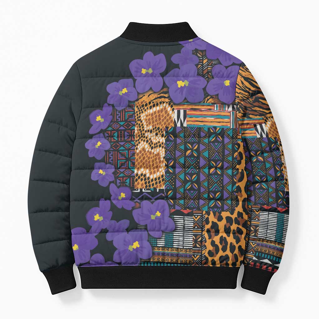 Africa Violets Flowers Bomber Puffer Jacket Mix Native Tribal Pattern