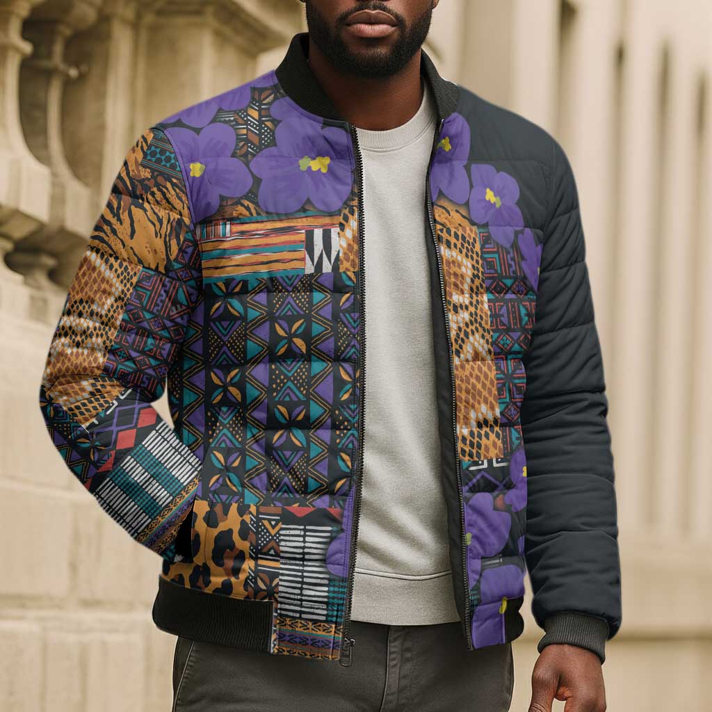 Africa Violets Flowers Bomber Puffer Jacket Mix Native Tribal Pattern