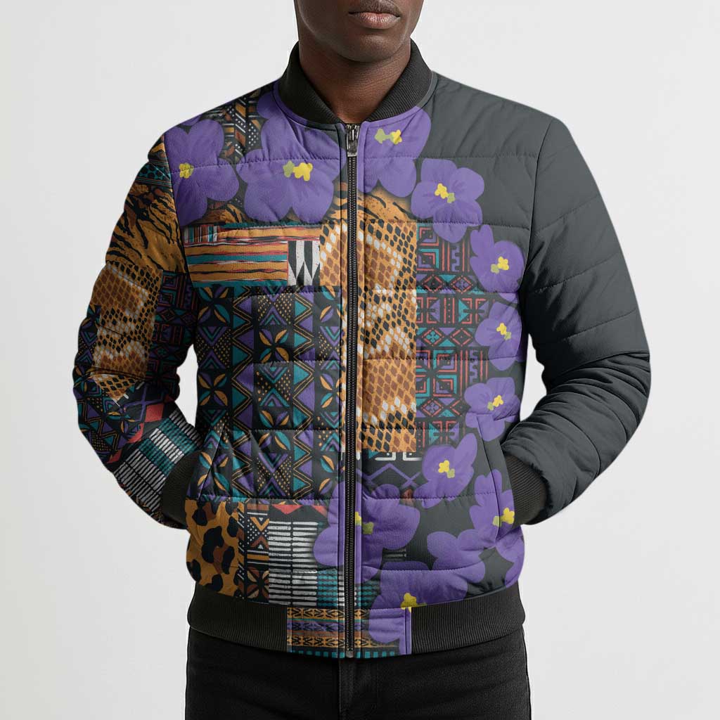 Africa Violets Flowers Bomber Puffer Jacket Mix Native Tribal Pattern