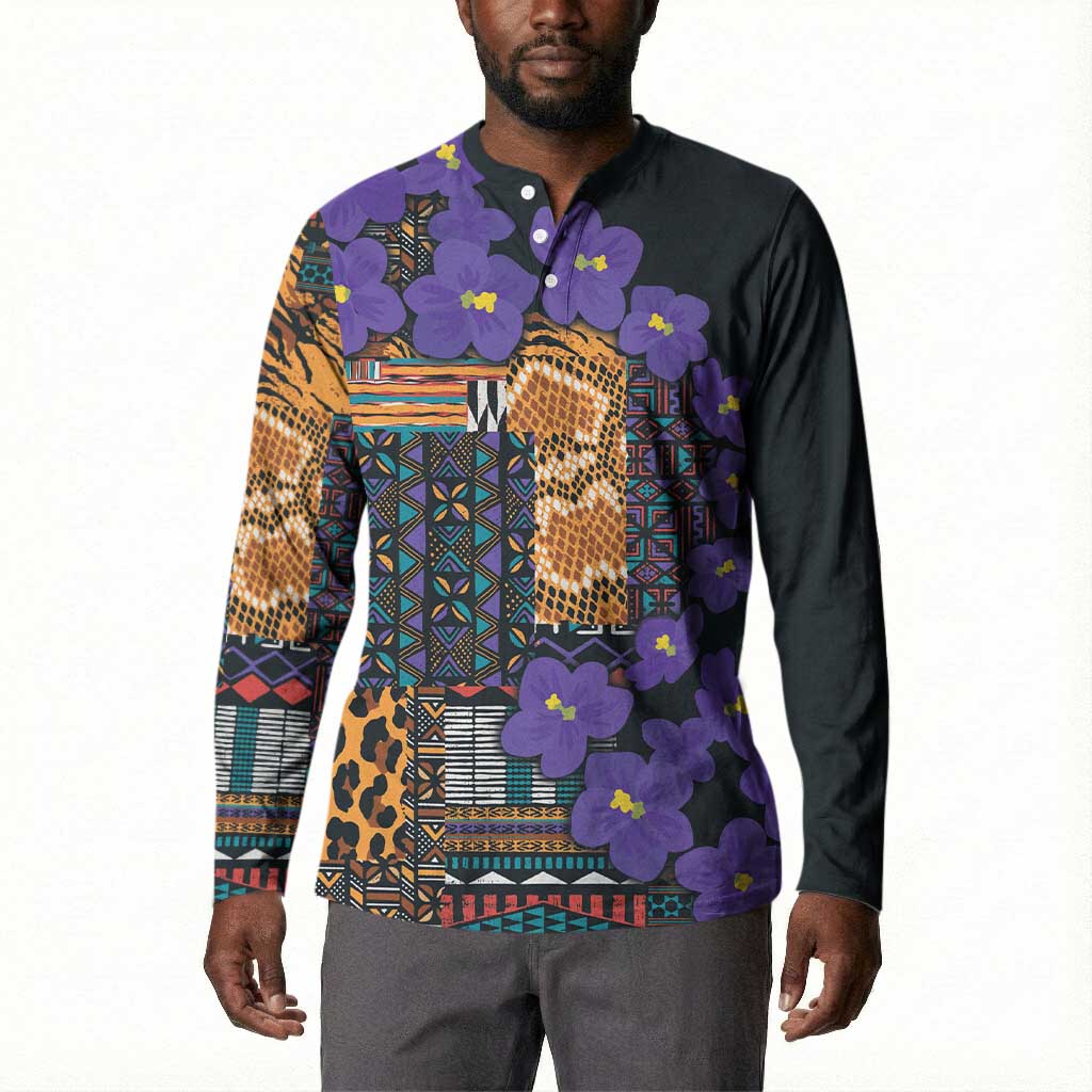 Africa Violets Flowers Button Sweatshirt Mix Native Tribal Pattern