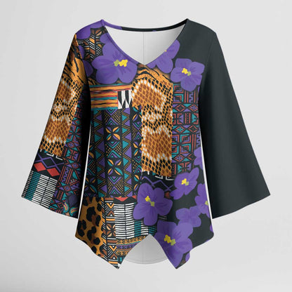 Africa Violets Flowers Kimono Sleeve Blouse Mix Native Tribal Pattern