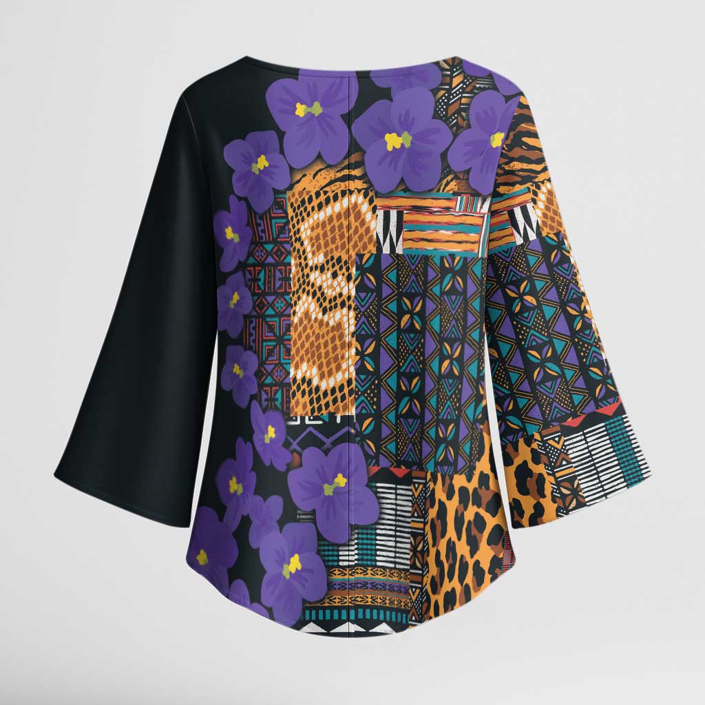 Africa Violets Flowers Kimono Sleeve Blouse Mix Native Tribal Pattern