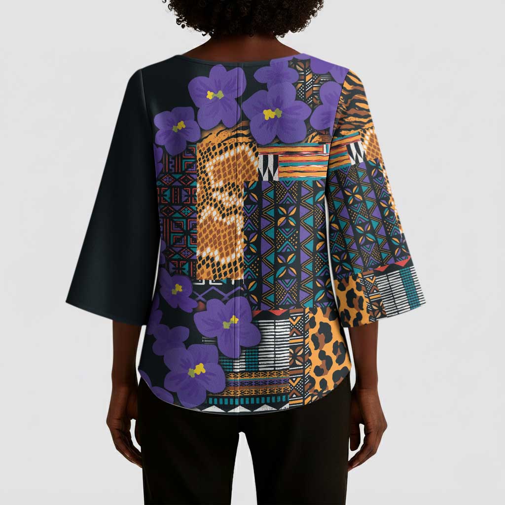 Africa Violets Flowers Kimono Sleeve Blouse Mix Native Tribal Pattern