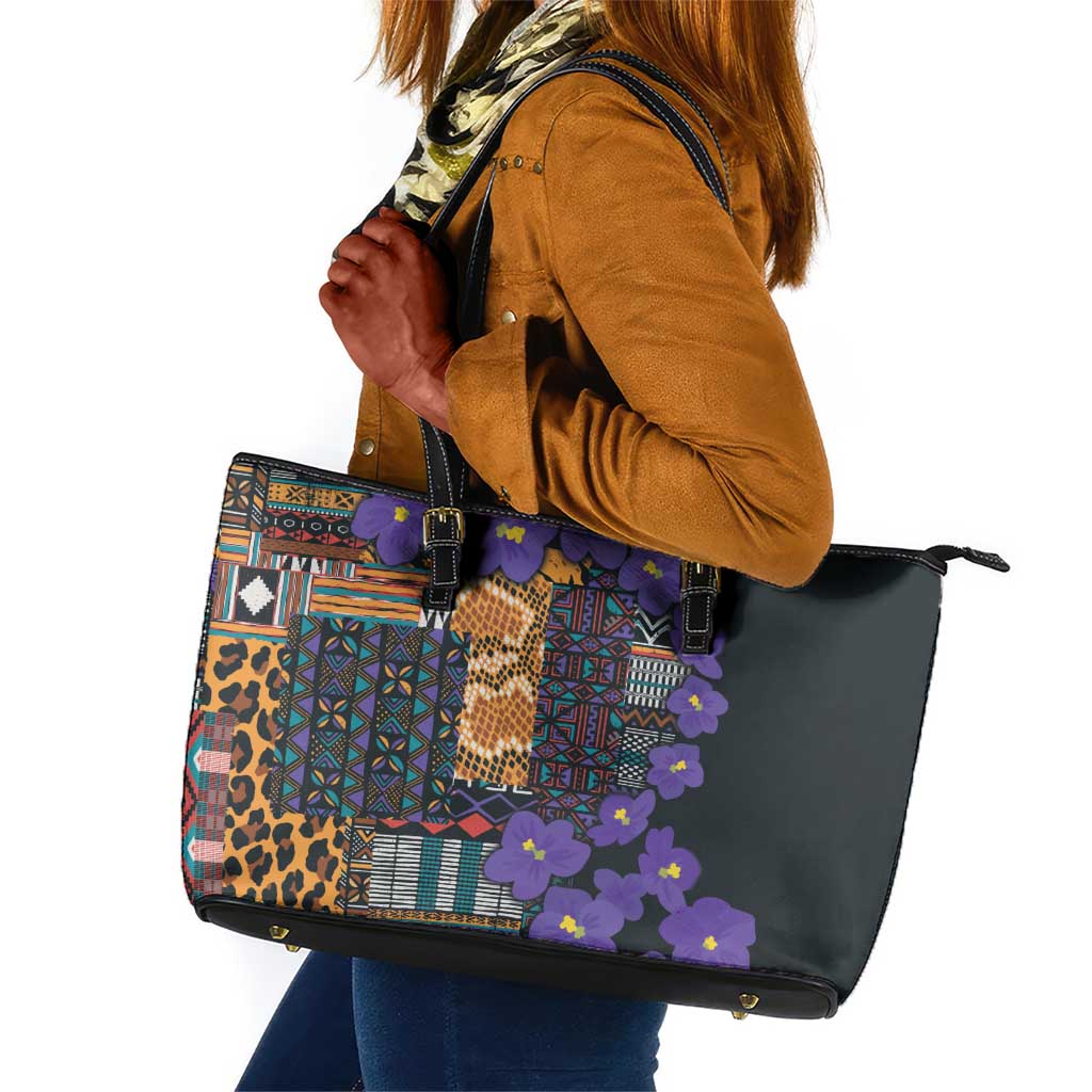 Afro Violets Flowers Leather Tote Bag Mix Native Tribal Pattern