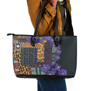 Afro Violets Flowers Leather Tote Bag Mix Native Tribal Pattern