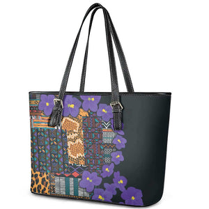 Afro Violets Flowers Leather Tote Bag Mix Native Tribal Pattern