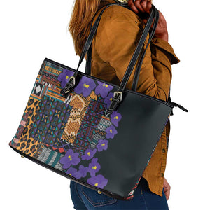 Afro Violets Flowers Leather Tote Bag Mix Native Tribal Pattern