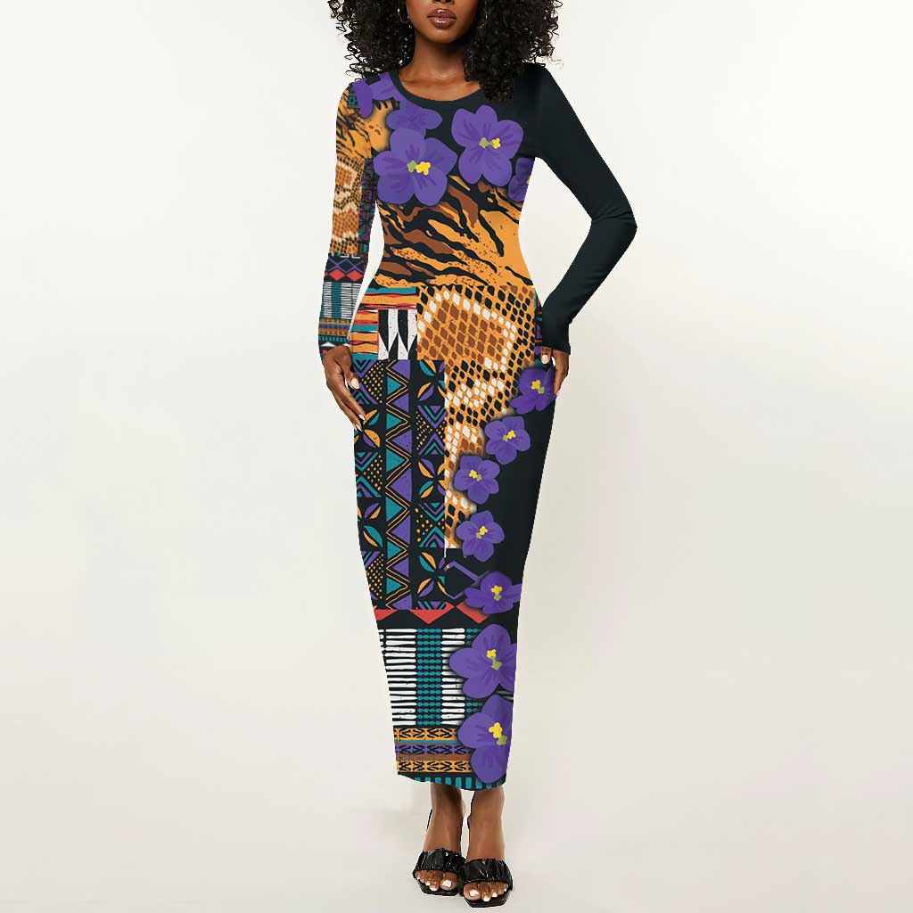 Afro Violets Flowers Long Sleeve Bodycon Dress Mix Native Tribal Pattern LT9