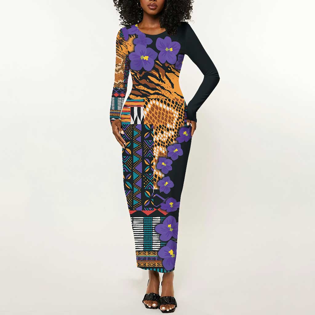 Afro Violets Flowers Long Sleeve Bodycon Dress Mix Native Tribal Pattern