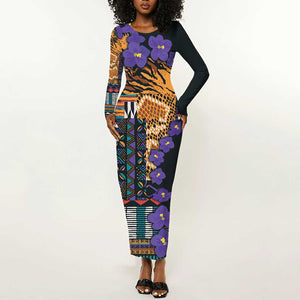 Afro Violets Flowers Long Sleeve Bodycon Dress Mix Native Tribal Pattern