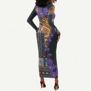 Afro Violets Flowers Long Sleeve Bodycon Dress Mix Native Tribal Pattern