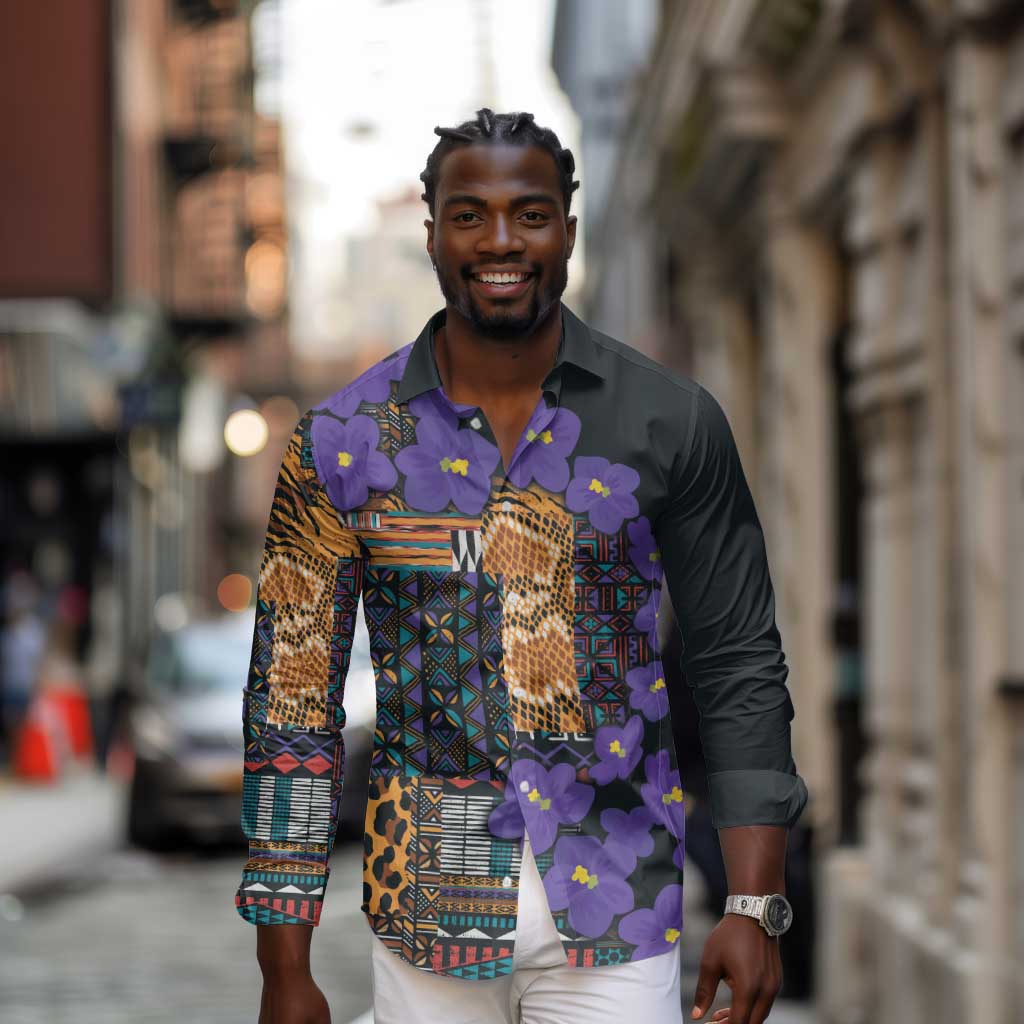Afro Violets Flowers Long Sleeve Button Shirt Mix Native Tribal Pattern