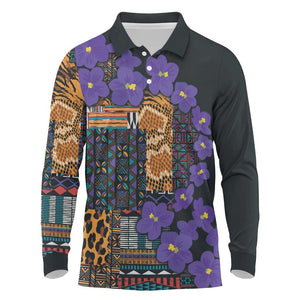 Afro Violets Flowers Long Sleeve Polo Shirt Mix Native Tribal Pattern