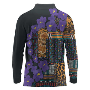 Afro Violets Flowers Long Sleeve Polo Shirt Mix Native Tribal Pattern