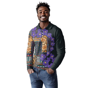 Afro Violets Flowers Long Sleeve Polo Shirt Mix Native Tribal Pattern