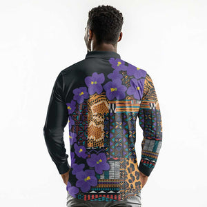 Afro Violets Flowers Long Sleeve Polo Shirt Mix Native Tribal Pattern