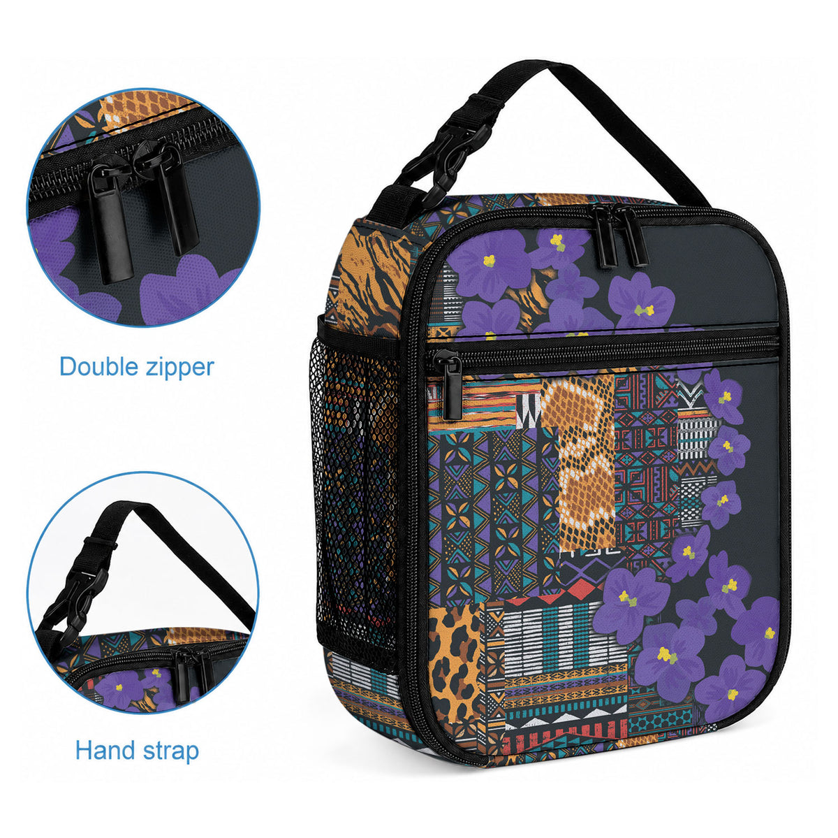 Africa Violets Flowers Lunch Bag Mix Native Tribal Pattern