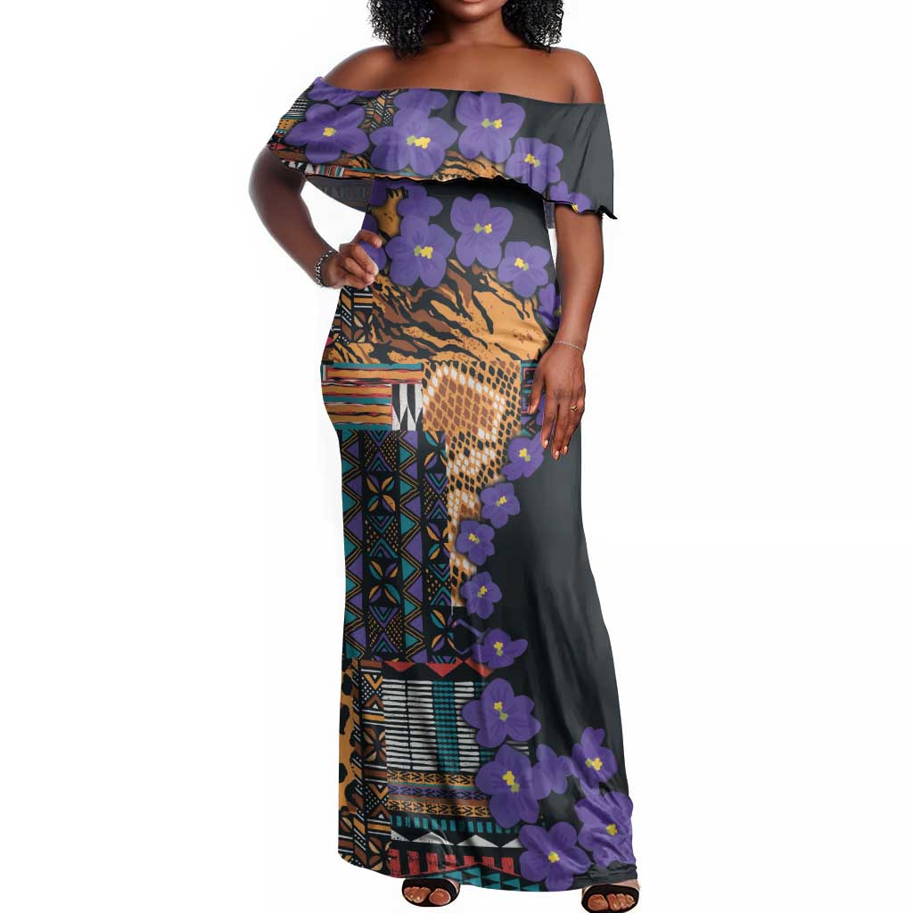 Afro Violets Flowers Off Shoulder Maxi Dress Mix Native Tribal Pattern