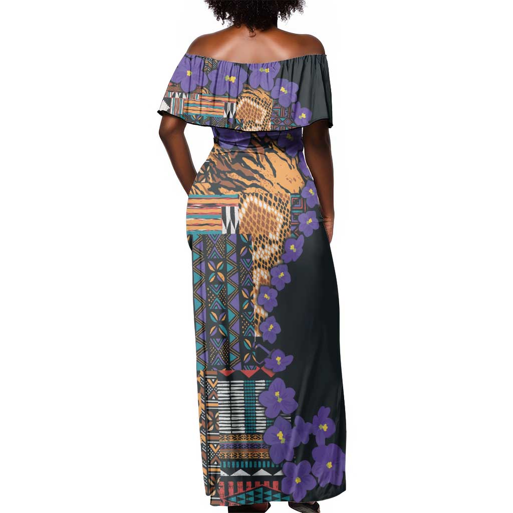 Afro Violets Flowers Off Shoulder Maxi Dress Mix Native Tribal Pattern